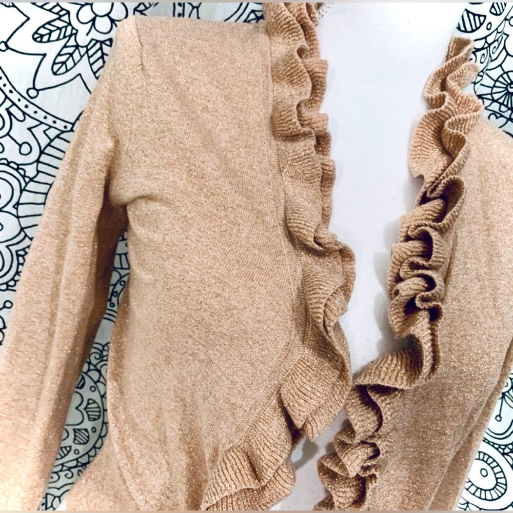 MODA INTERNATIONAL VS Ruffled Beige/Shrug Sweater, Sparkly Gold, Small, EUC